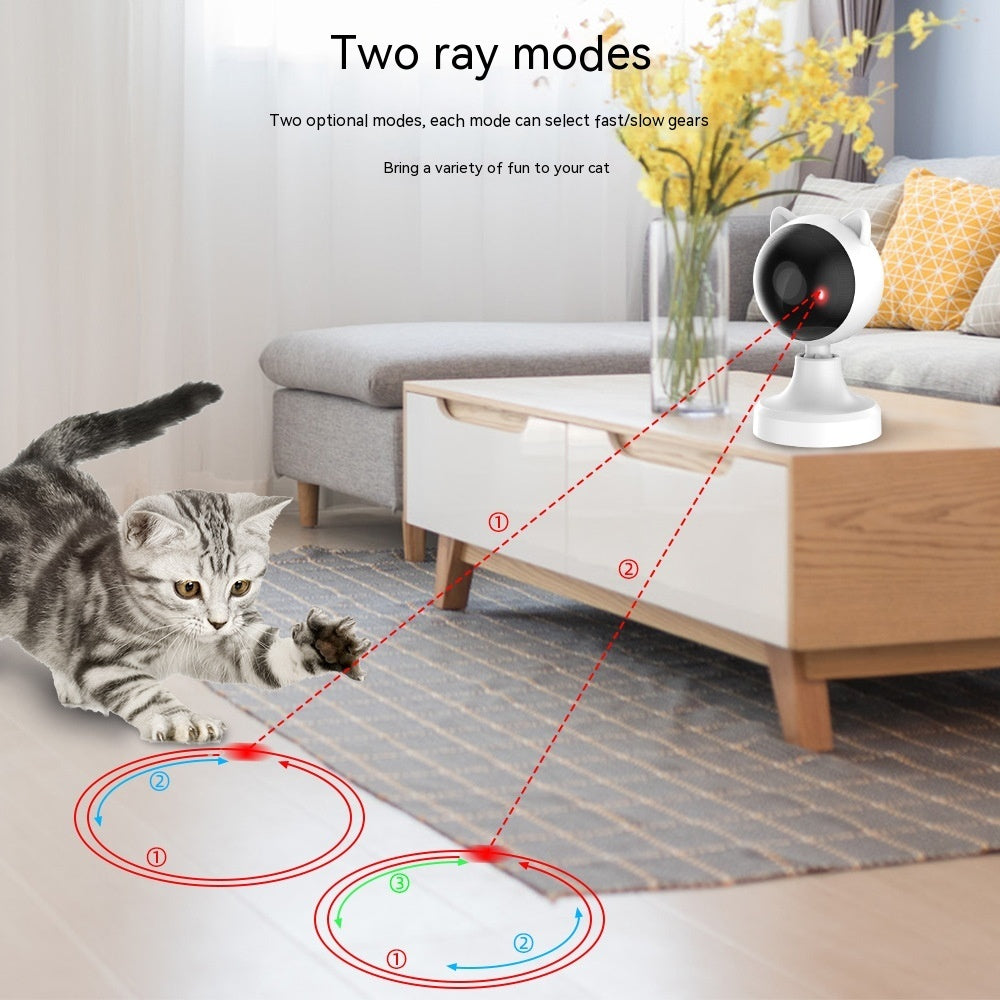 Cat playing with a laser pointer device on a coffee table in a living room.